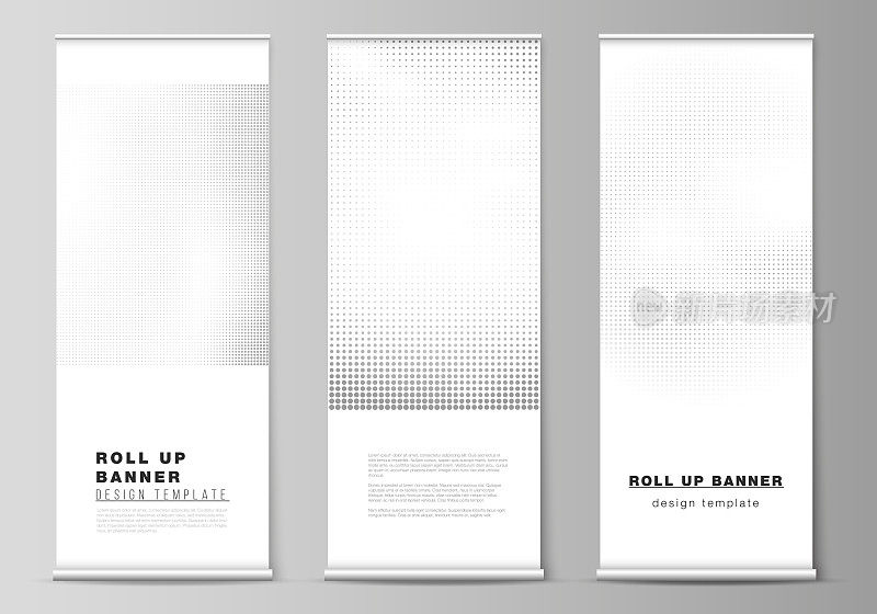 Vector layout of roll up mockup design templates for vertical flyers, flags design templates, banner stands, advertising design. Halftone effect decoration with dots. Dotted pattern for grunge style.